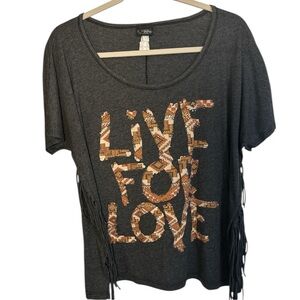 Daytrip Women's Top Live For Love Heather Black Fringe And Rhinestones Large EUC